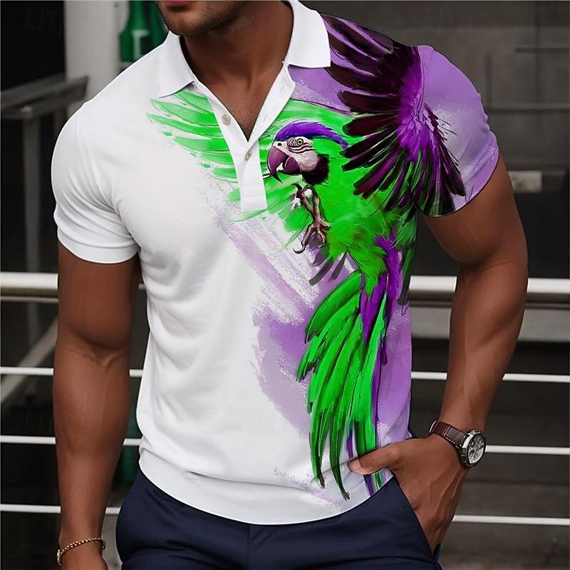 Men's Parrot Hawaiian Polo Shirts Golf Shirt Short Sleeve Polo Shirts Collared Shirts Casual Funny Beach Wear Vacation Wear Party Outfits Buttons 3D Print Summer Yellow Blue Green4