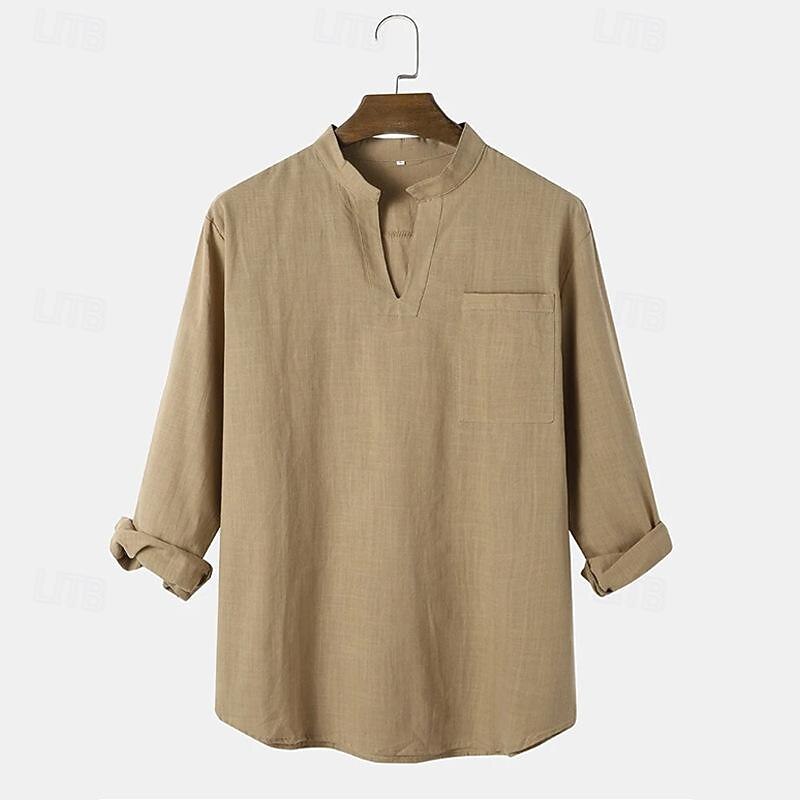 Men's Shirt Linen Shirt Casual Shirt Cotton Shirt Plain Vacation Hawaiian Black White Brown Long Sleeve V Neck Spring & Summer Clothing Apparel Front Pocket