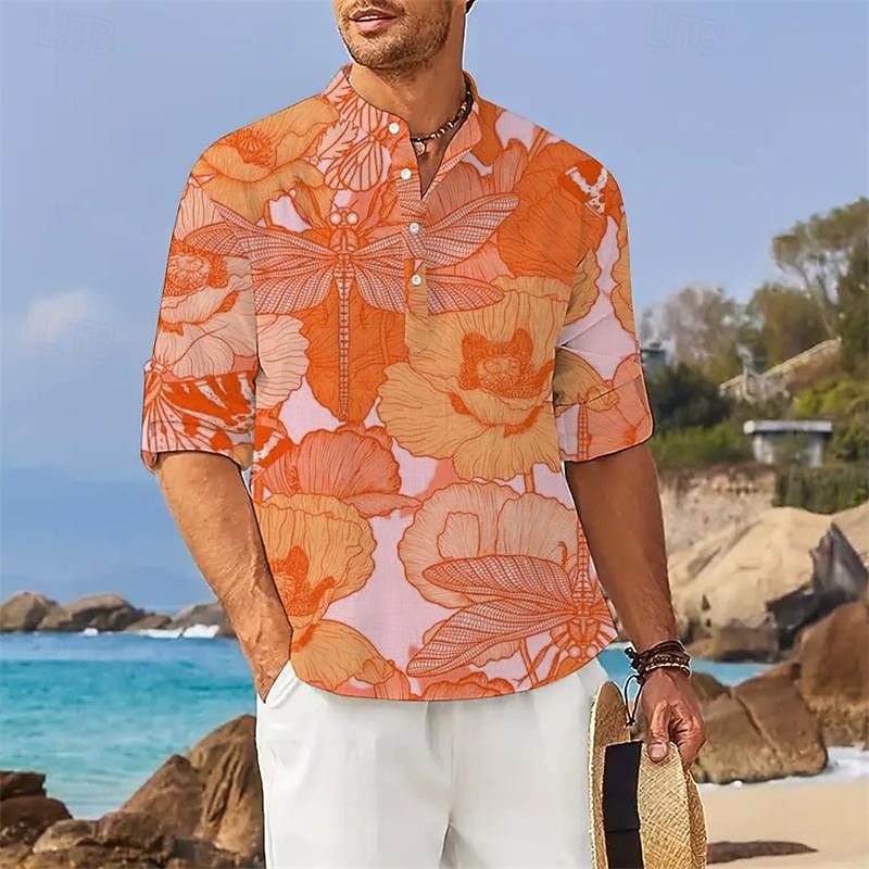 Men's Floral Tropical Flowers Shirt Summer Hawaiian Shirt Aloha Shirt Long Sleeve Shirt Stand Collar Hawaiian Resort Vacation Daily Wear Going out Pink Blue Orange S M L3