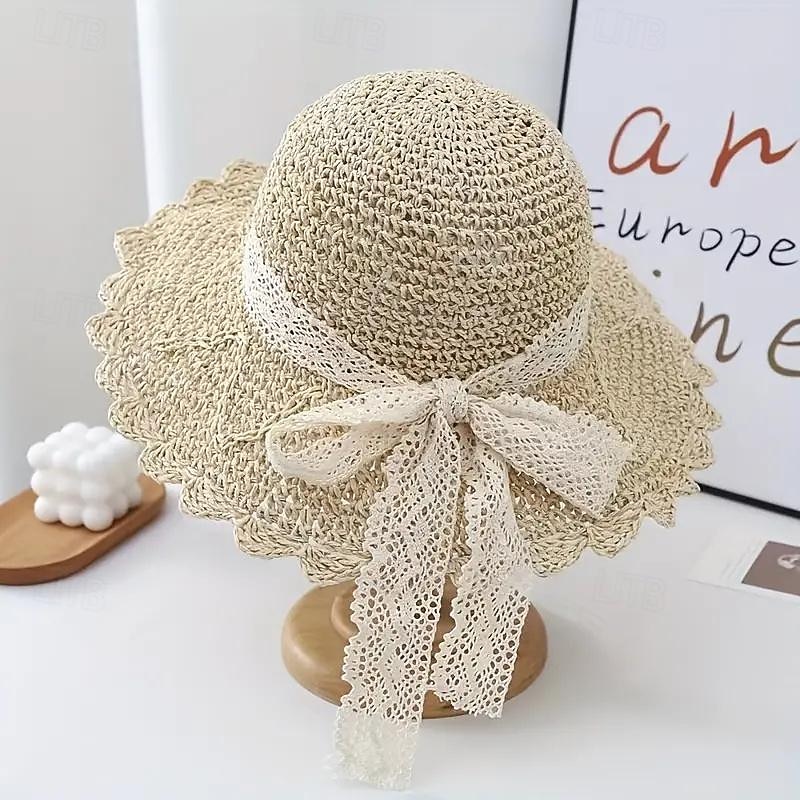 1 pcs Summer Handmade Crochet Lace Straw Hat For Women With Wide Brim Foldable Beach Hat4