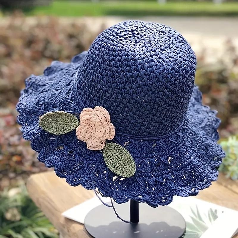 Women's Sun Hat Beige Crochet Flower Detail Wide Brim Beach Garden Party Elegant Accessory One Size Fits Most Spring Summer Apparel4