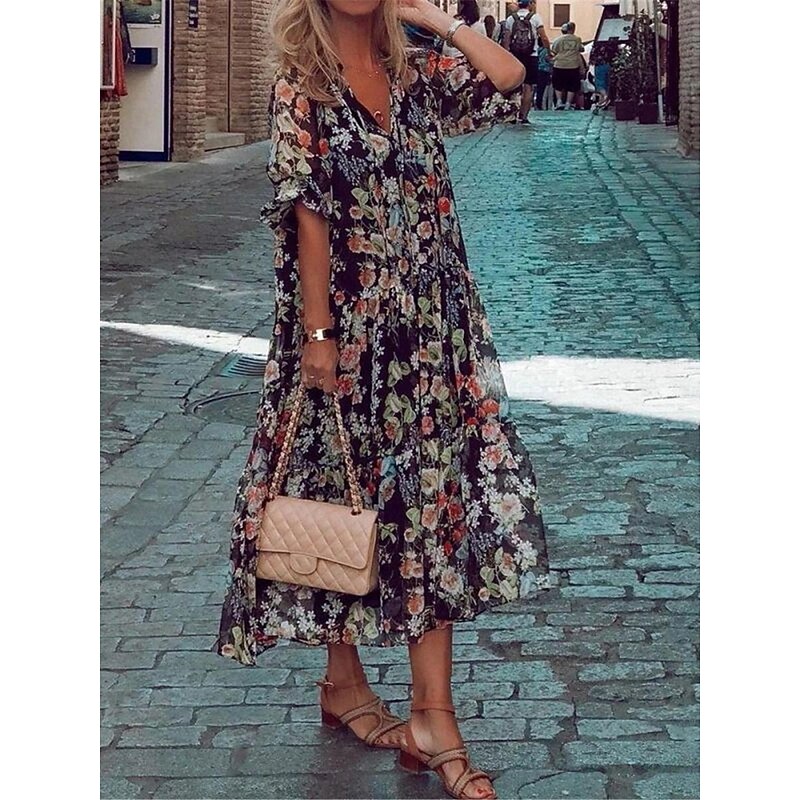 Women's Casual Dress Floral Print V Neck Midi Dress Vacation Half Sleeve Summer