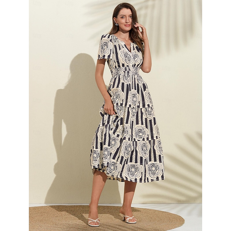 Cotton Striped V Neck Floral Puff Sleeve Dress