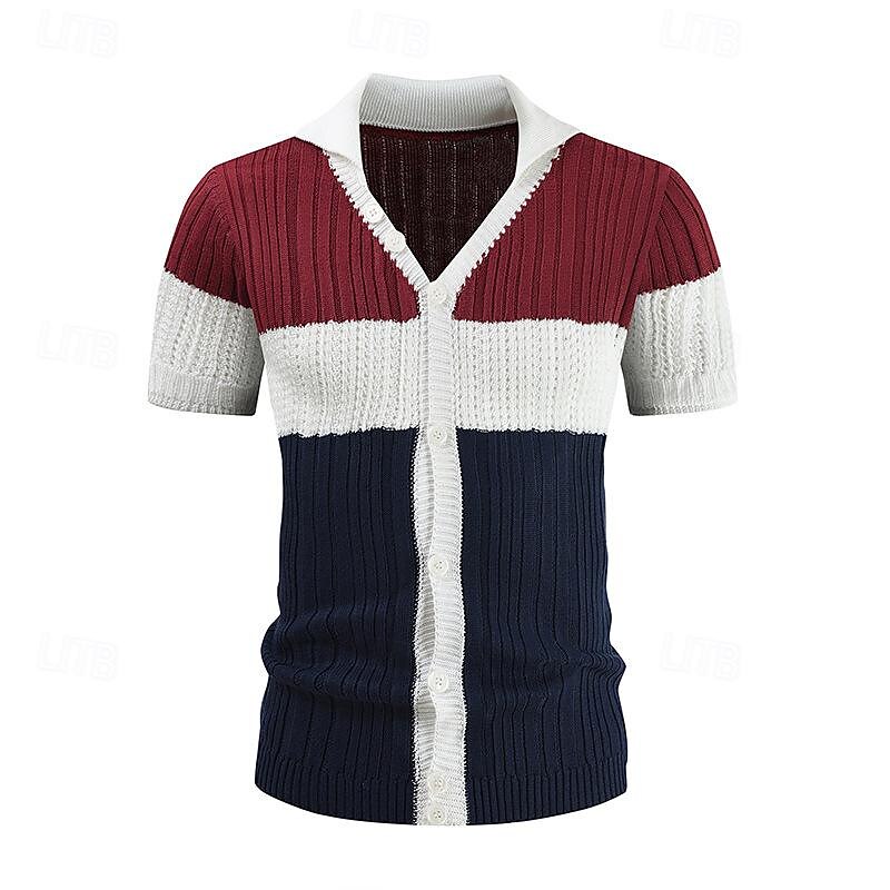 Men's T Shirt Short Sleeve Shirt Knit Tee Tee Top Short Sleeve Lapel Spring & Summer Color Block Fashion Casual Comfortable Patchwork Buttons Knitted Vacation Street Going out Wine Top Tee for Men2