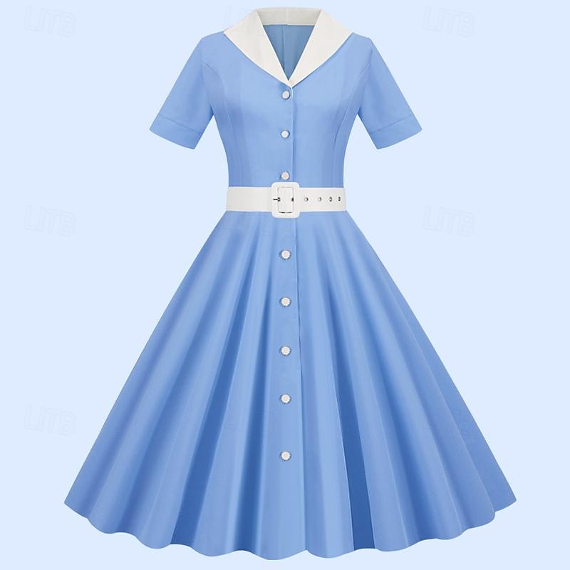 Elegant Classical 1950s Dress Flare Dress Gentlewoman Buckle Solid Color A-Line Fancy Dress Women's Valentine's Day Office / Career Event / Party Dailywear Adults' Homecoming Dresses Spring & Summer4