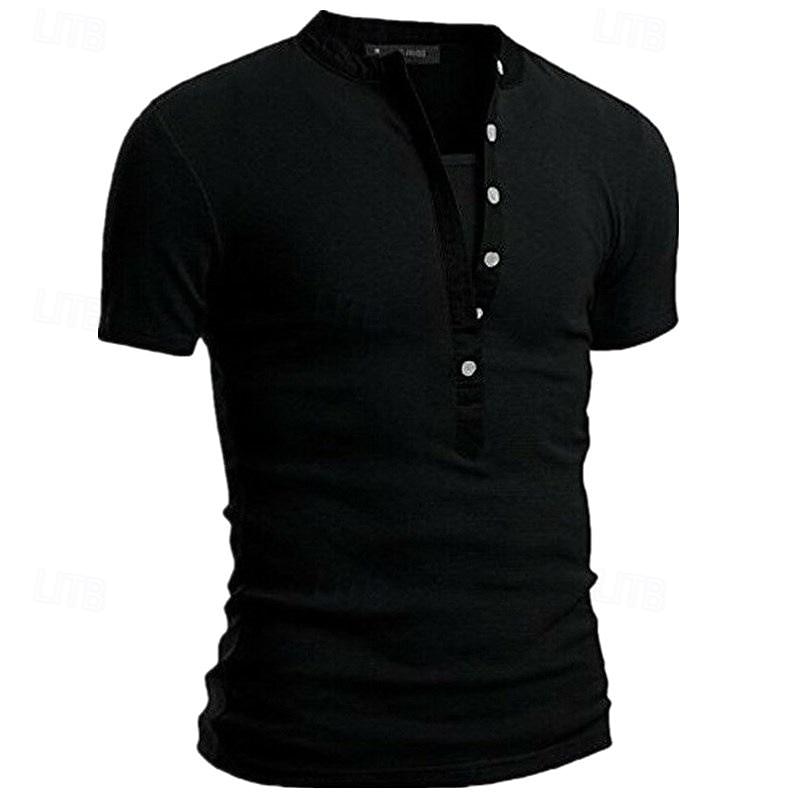 Men's Button T Shirt T Shirt Henley Shirt Tee Short Sleeve V Neck Spring & Summer Plain Fashion Designer Basic Vacation Street Going out Black White Navy Blue Top Tee for Men4
