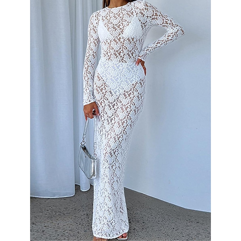 Women's Long Dress Maxi Dress White Dress Black Dress Lace Dress Casual Dress Streetwear Maxi Sexy Vacation Street Holiday Slim Long Sleeve Round Neck Black White Summer2