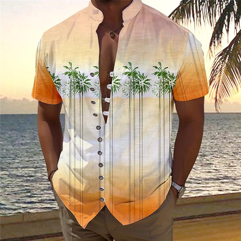 Men's Palm Tree Tropical Plants Summer Hawaiian Shirt Aloha Shirt Printed Shirts Short Sleeves Shirt Standing Collar Hawaiian Resort Vacation Holiday Daily Wear Yellow Blue Orange S M L1
