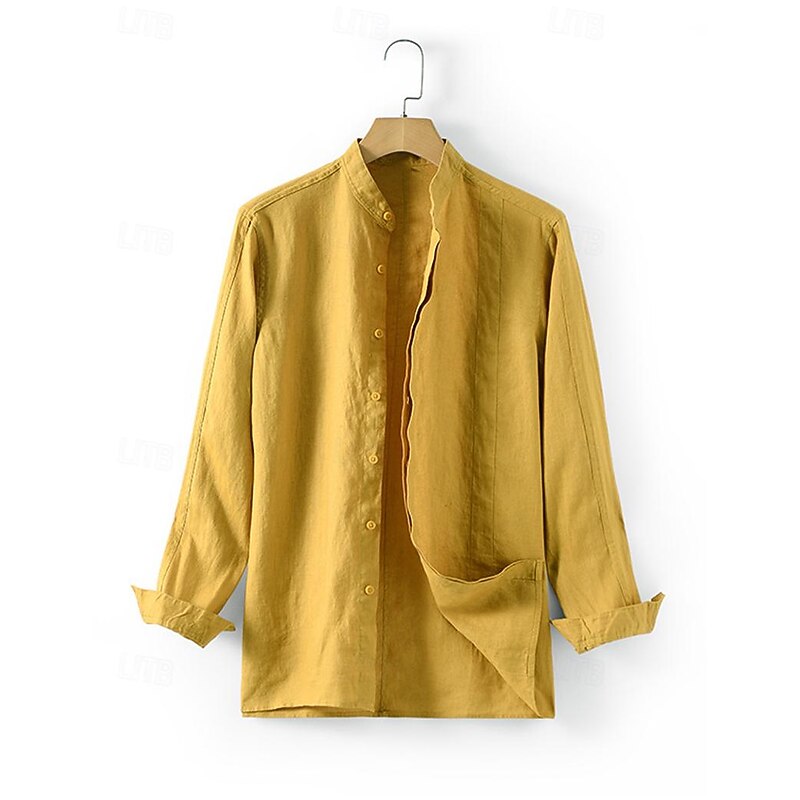 100% Linen Men's Linen Shirt Shirt Button Up Shirt Beach Shirt Yellow Navy Blue Green Long Sleeve Plain Stand Collar Spring &  Fall Outdoor Daily Clothing Apparel4