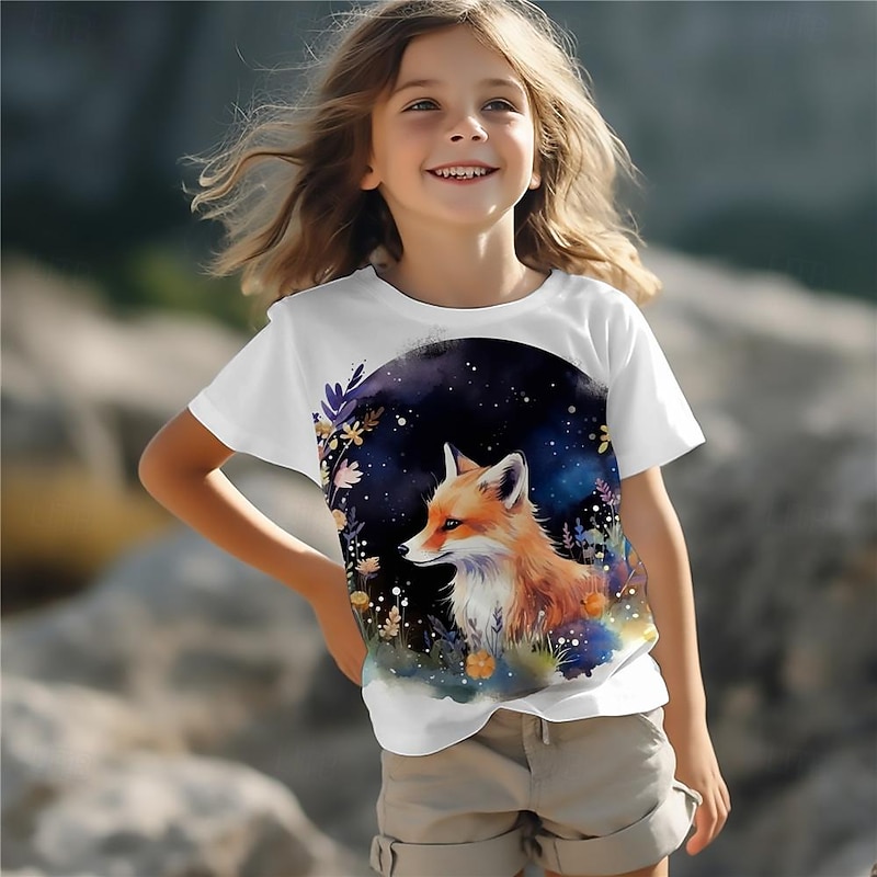 Girls' 3D Cartoon Fox Tee Shirts Short Sleeve 3D Print Summer Active Fashion Cute Kids 3-12 Years Crew Neck Outdoor Casual Daily Regular Fit4