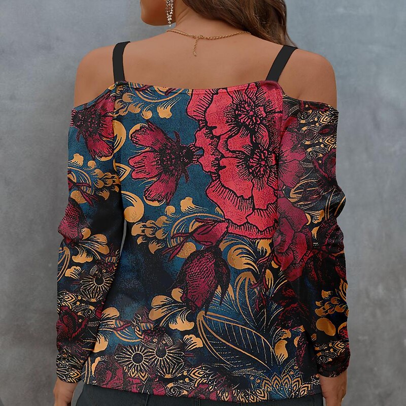 Women's Blouse Long Sleeve  V Neck Fashion Floral Print Cold Shoulder Regular Tops Off Shoulder Casual Holiday Red Blue Purple Spring &  Fall3