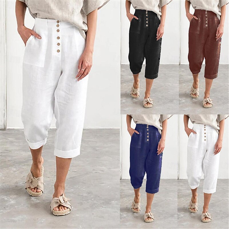 Women's Cotton Linen Pants Fashion Basic Comfort Pure Color Pocket Elastic Waist Breathable Micro-elastic Street Daily Black White Navy Blue Brown Summer3