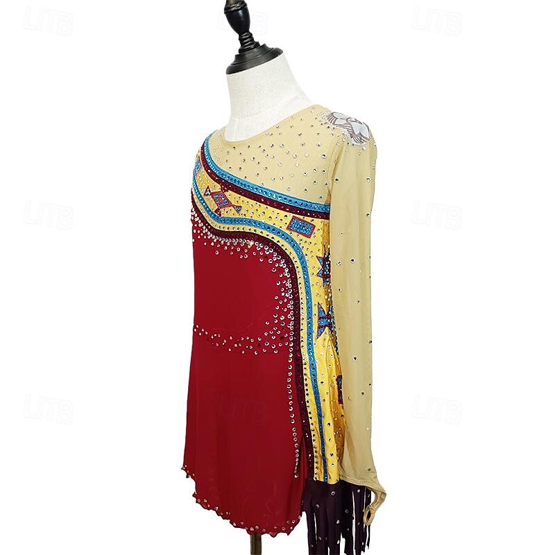 Figure Skating Dress Women's Girls' Ice Skating Dress Red Yellow Patchwork Thumbhole Mesh Spandex Stretchy Training Practice Professional Skating Wear Crystal / Rhinestone Long Sleeve Ice Skating4
