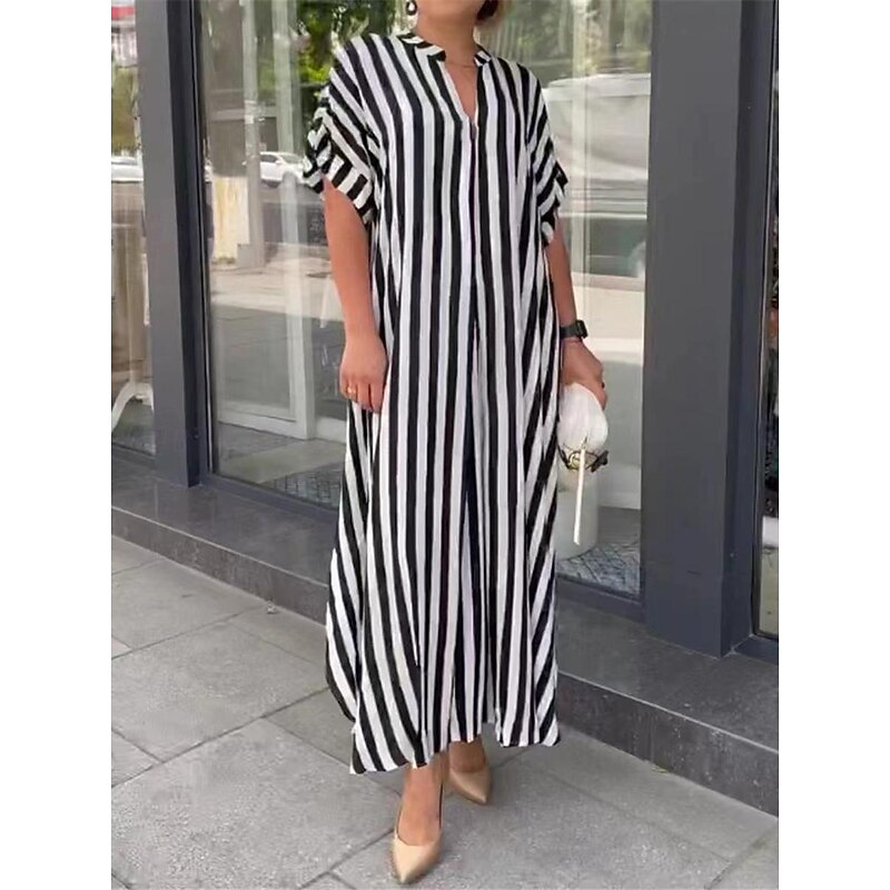 Women's Casual Dress Stripe Button Print Shirt Collar Long Dress Maxi Dress Vacation Short Sleeve Summer4