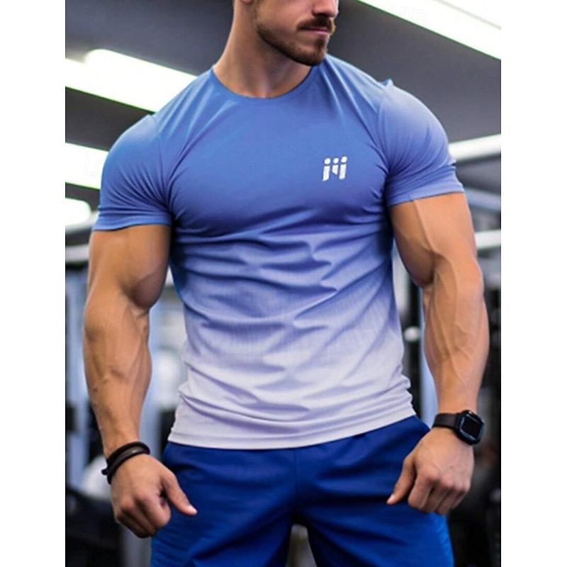 Men's T Shirt Sports T-Shirt Crew Neck Short Sleeve Vacation Sports & Outdoor Casual Daily Gym Quick dry Breathable Gradient Yellow Red Activewear Polyester Fashion Basic - Main Image