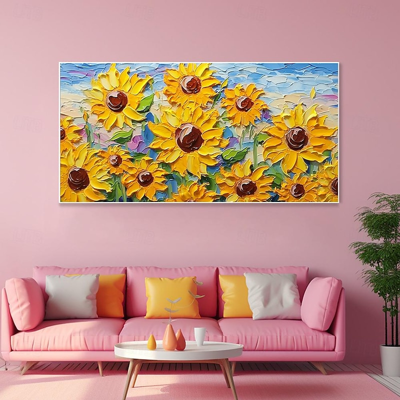3D Hand-Painted Sunflower Canvas Texture Art painting handmade Abstract knife Sunflower Home Painting handmade  Landscape Plant Oil Painting for Living Room bedroom Decor3