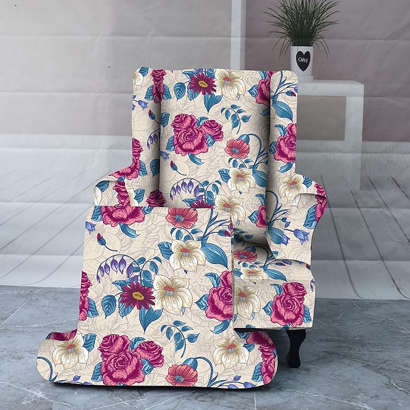 Armchair Slipcovers Stretch Spandex Wingback Chair Covers 2 Pcs Set ,Sofa Slipcover Floral Printed Furniture Protector Couch Soft with Elastic Bottom