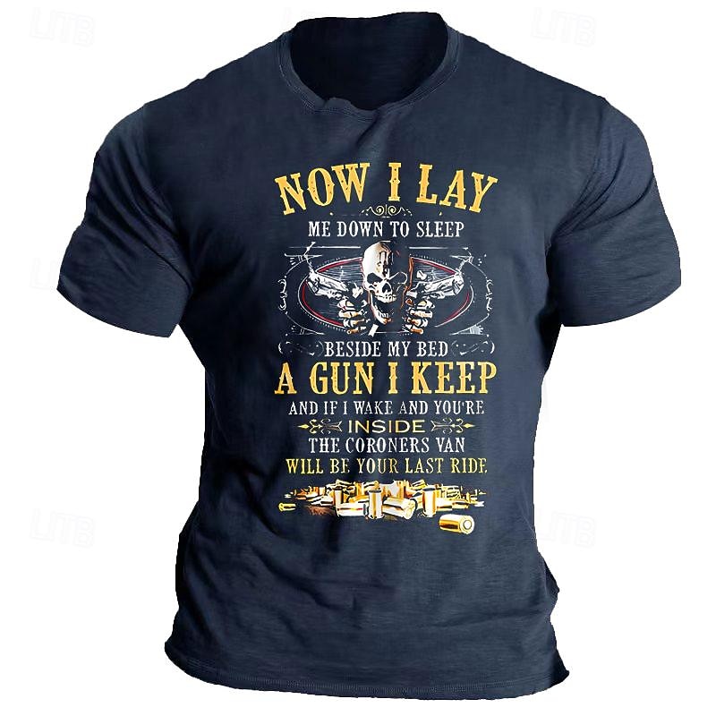 Men's Graphic T-Shirt: 'Now I Lay Me Down To Sleep A Gun I Keep' Skull & Guns Design, Bold Statement Tee for Self-Defense Lifestyle, Short Sleeve2
