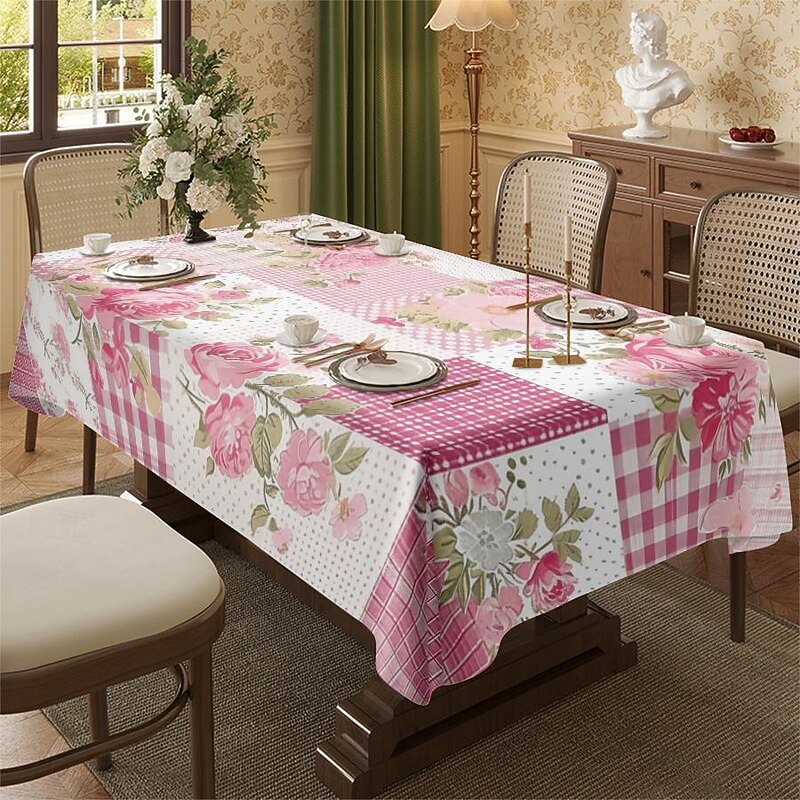 Rural American Floral Pattern Print Rectangle Tablecloth Waterproof Rectangular Table Cloth  for Kitchen Dining2