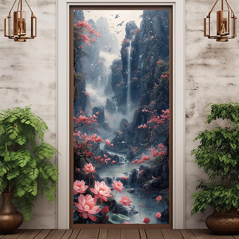 Lotus Flower Door Covers Mural Decor Door Tapestry Door Curtain Decoration Backdrop Door Banner Removable for Front Door Indoor Outdoor Home Room Decoration Farmhouse Decor Supplies