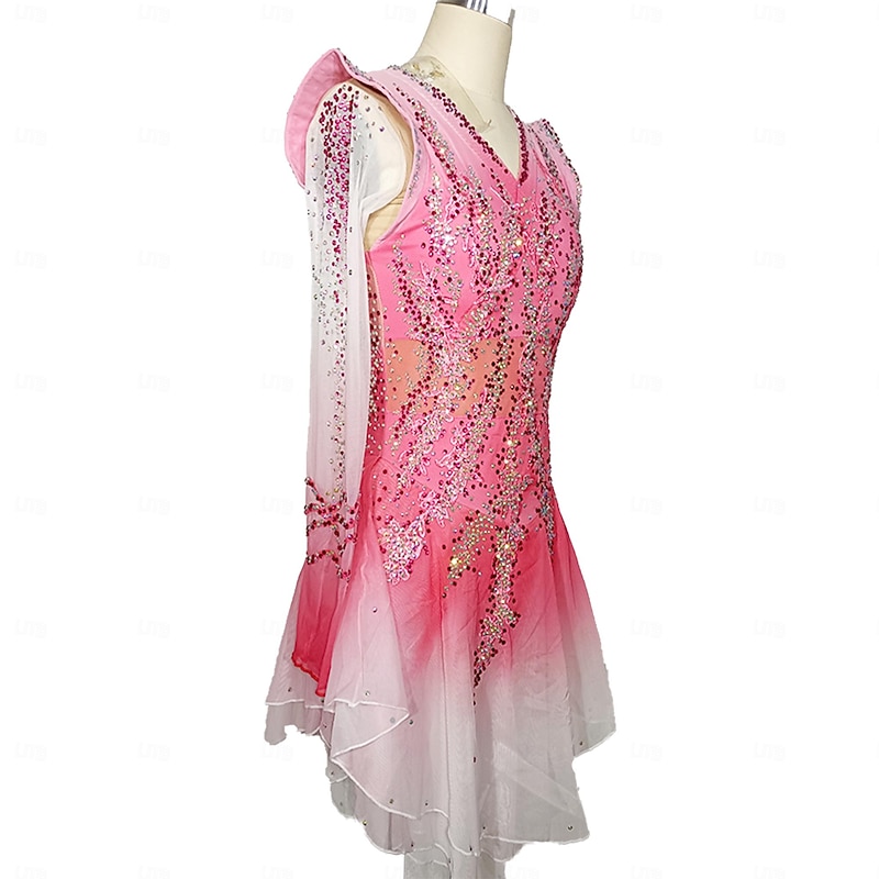 Figure Skating Dress Women's Girls' Ice Skating Dress Pink Patchwork Open Back Mesh Spandex Stretchy Training Practice Professional Skating Wear Crystal / Rhinestone Long Sleeve Figure Skating3