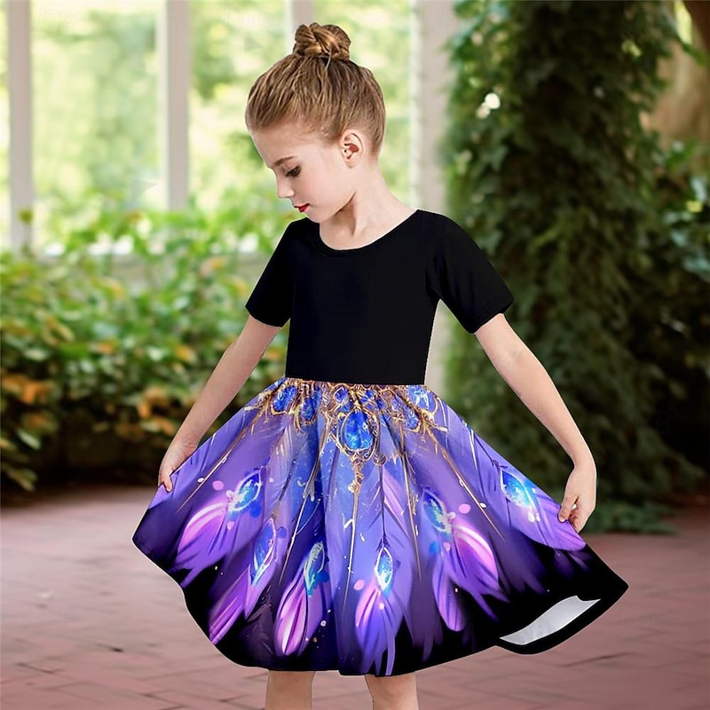 Girls' 3D Peacock Dress Short Sleeve 3D Print Summer Daily Holiday Casual Beautiful Kids 3-12 Years Casual Dress Skater Dress Above Knee Regular Fit3