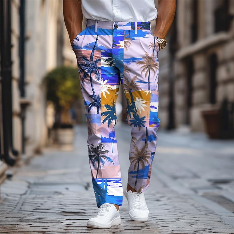 Palm Tree Vacation Hawaiian Men's Resort 3D Printed Dress Pants Flat Front Straight-Leg Polyester Medium Waist Pants Outdoor Vacation Holiday Daily Wear S TO 3XL4