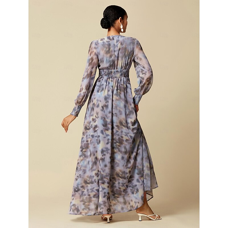 Women's Maxi Dress Wedding Guest Blue Long Sleeve Flower / Plants Chiffon Printing Spring &  Fall V Neck Pattern Dress Flying Dress Corset Dresses S M L4