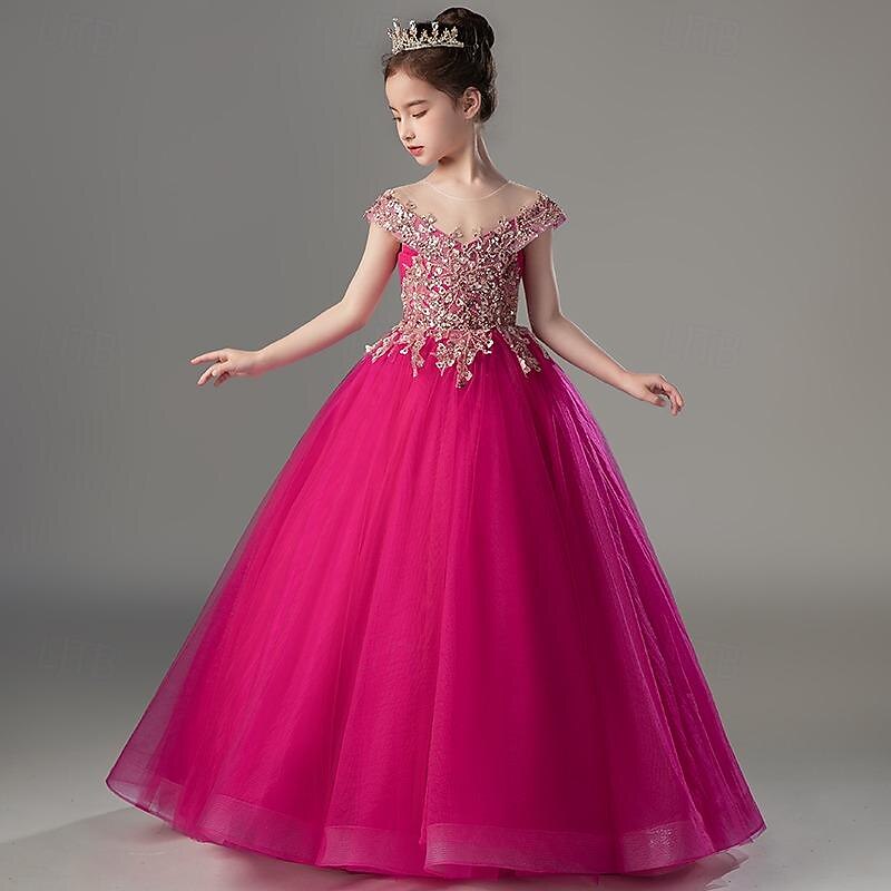 Kids Girls' Party Dress Solid Color Short Sleeve Performance Wedding Mesh Princess Sweet Mesh Mid-Calf Sheath Dress Tulle Dress Flower Girl's Dress Summer Spring Fall 2-12 Years Rose Red