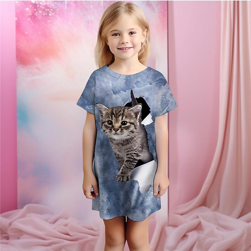 Girls' 3D Cat Pajamas Nightdress Short Sleeve 3D Print Summer Active Fashion Cute Kids 3-12 Years Crew Neck Home Causal Indoor Regular Fit2