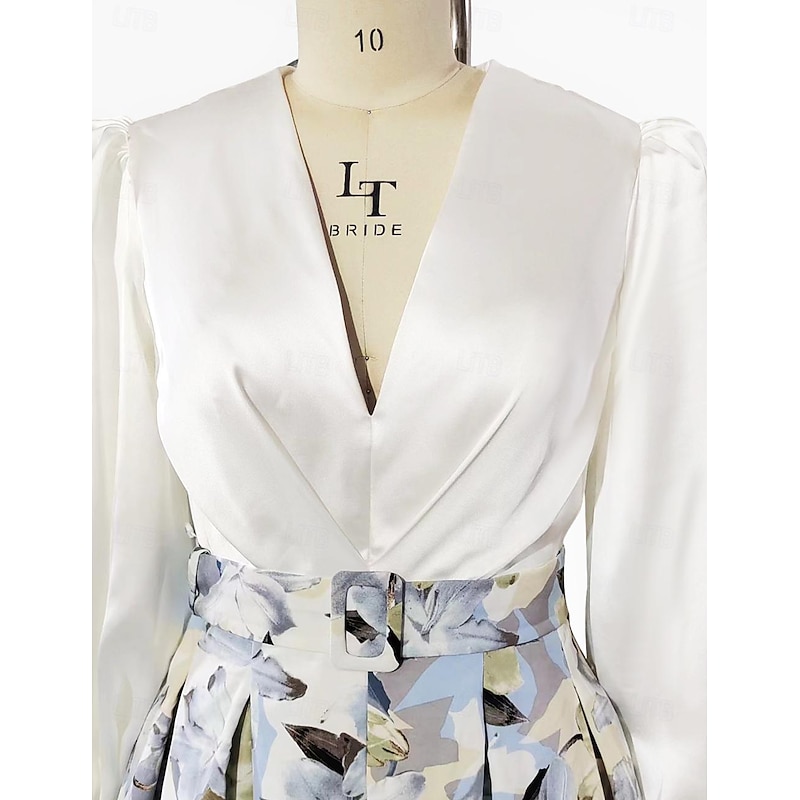 Beach Wedding A-Line Evening Gown Elegant Dress Formal Wedding Guest Floor Length Long Sleeve V Neck Belt / Sash Satin with Slit Wedding Guest Dress3