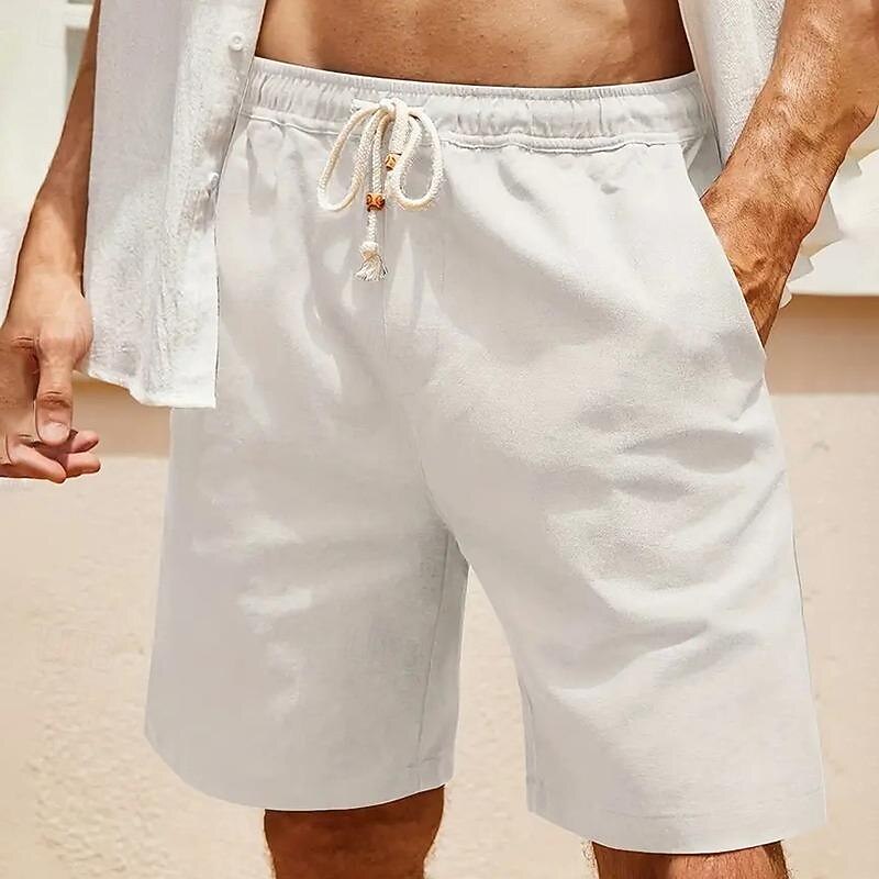 Men's Linen Shorts Summer Shorts Beach Shorts Pocket Drawstring Elastic Waist Plain Comfort Breathable Short Holiday Vacation Beach Hawaiian Boho ArmyGreen White - Main Image