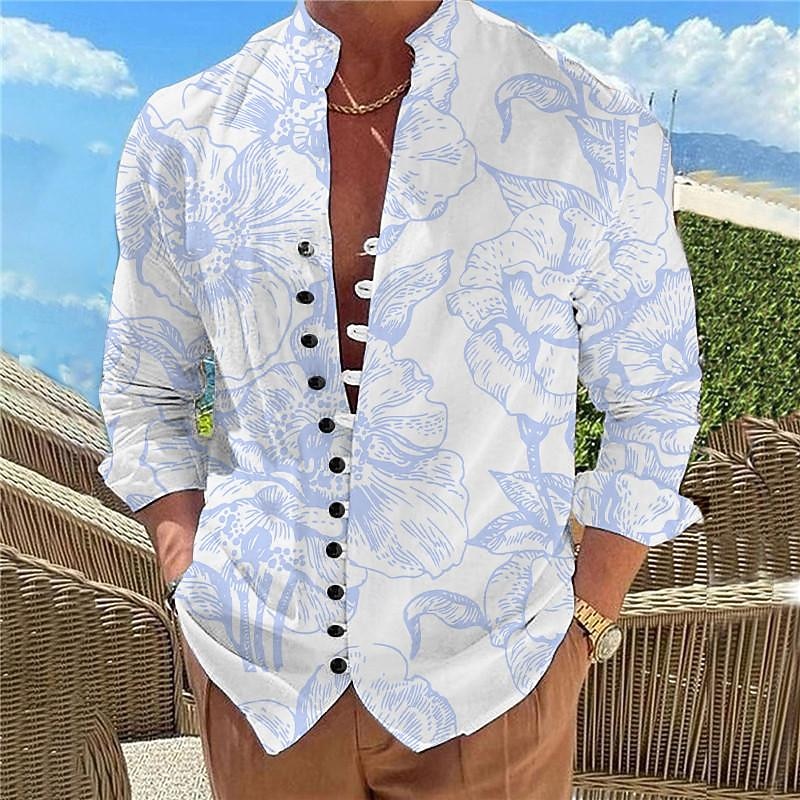 Men's Floral Tropical Flowers Rose Summer Hawaiian Shirt Aloha Shirt Printed Shirts Long Sleeve Shirt Standing Collar Hawaiian Resort Vacation Holiday Daily Wear Pink Blue Orange S M L4