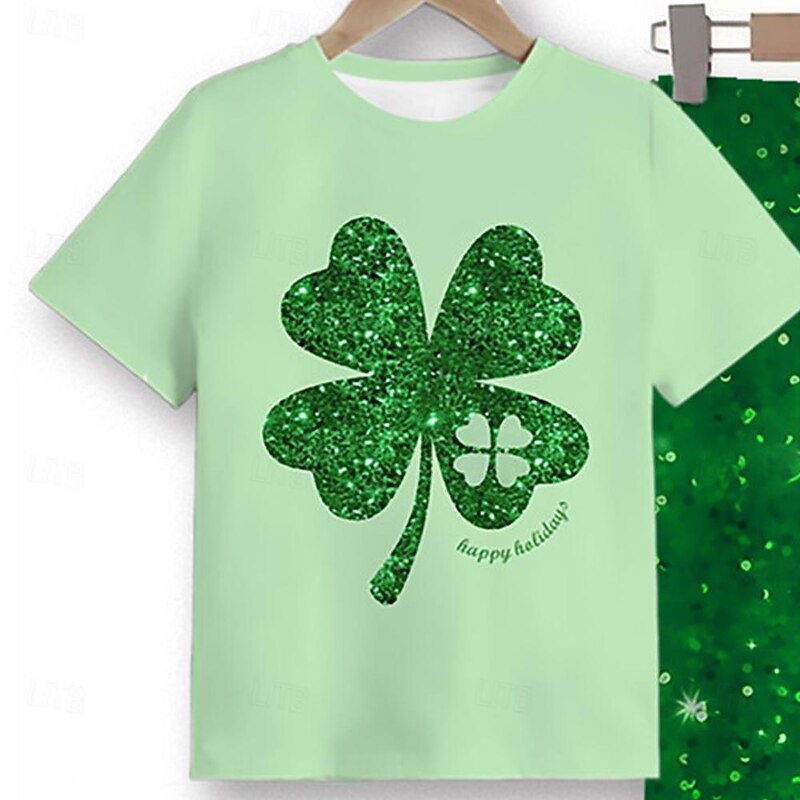 St. Patrick Girls' 3D Four Leaf Clover Tee & Pants Pajama Sets Short Sleeve 3D Print Summer Spring Fall Active Fashion Cute Polyester Kids 4 years+ Crew Neck Home Causal Indoor Regular Fit4