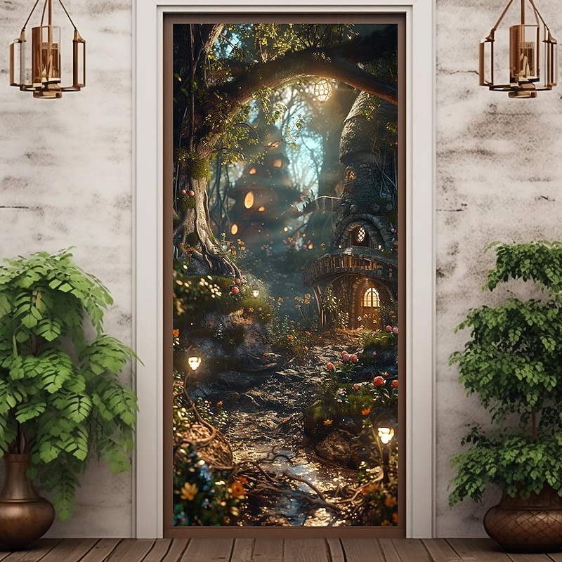 Forest Misty Cave Door Covers Mural Decor Door Tapestry Door Curtain Decoration Backdrop Door Banner Removable for Front Door Indoor Outdoor Home Room Decoration Farmhouse Decor Supplies