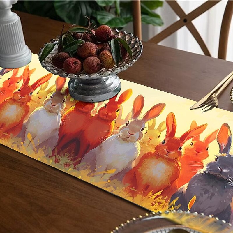 Rabbit Print Table Runner, Kitchen Dining Table Decor, Print Decor Table Runners for Indoor Outdoor Home Farmhouse Holiday Wedding Birthday Party Decoration2