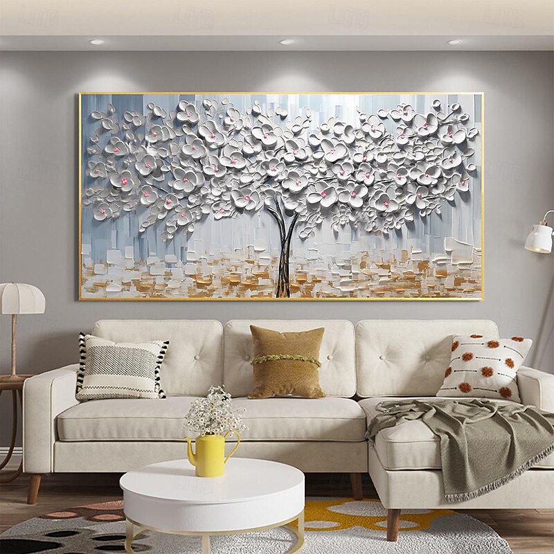Oil Painting hand painted  White Flower Oil Painting On Canvas Abstract 3D Blossom Painting Blooming Floral Painting Large Wall Art painting fopr Living Room Wall Decor3