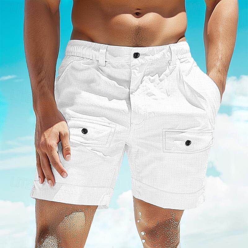 Men's Shorts Linen Shorts Summer Shorts Beach Shorts Pocket Elastic Waist Buttons Plain Comfort Breathable Short Casual Daily Holiday Fashion Classic Style White Khaki2