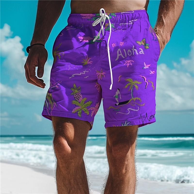 Men's Pineapple Coconut Tree Swim Trunks Swim Shorts Board Shorts Mid Waist Vacation Hawaiian Holiday Vacation Holiday Beach Drawstring with Mesh lining Elastic Waist Designer Clothing Apparel3
