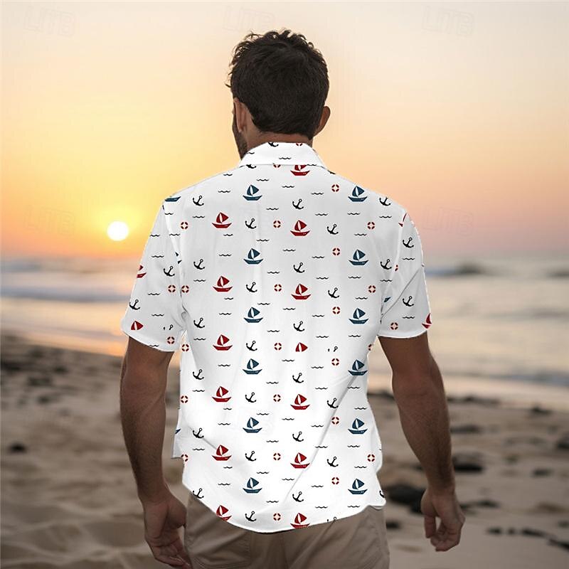 Men's Sailboat Shirt Summer Hawaiian Shirt Aloha Shirt Short Sleeve Shirt Turndown Vacation Hawaiian Outdoor Vacation Hawaiian White Blue Green S M L2