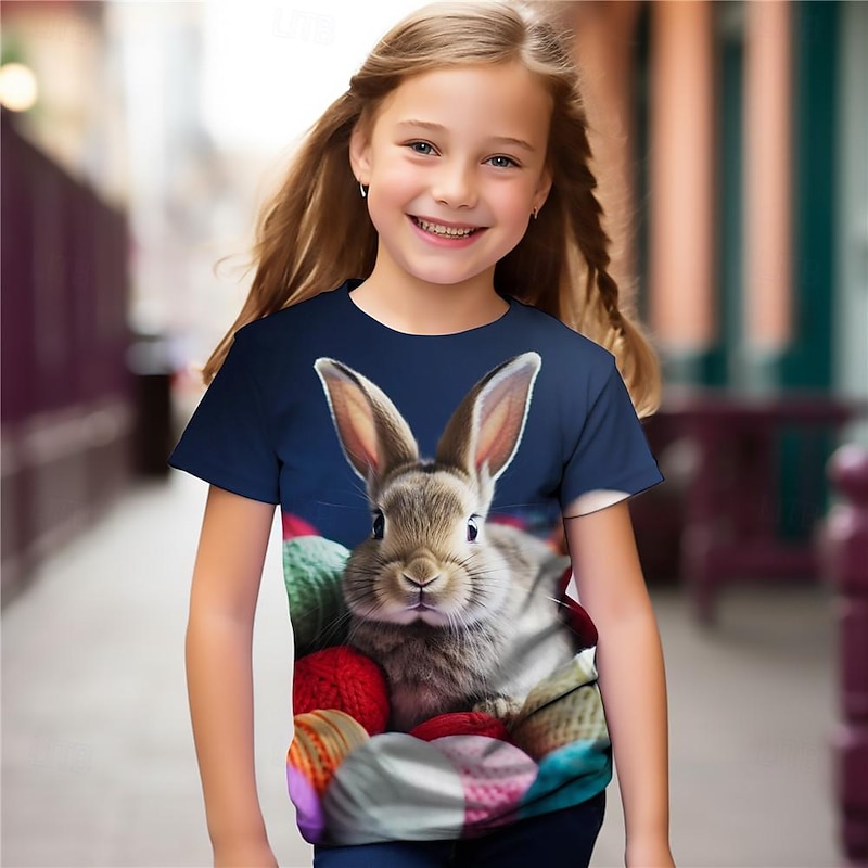 Easter Girls' 3D Rabbit Tee Shirts Short Sleeve 3D Print Summer Active Fashion Cute Kids 3-12 Years Crew Neck Outdoor Casual Daily Regular Fit