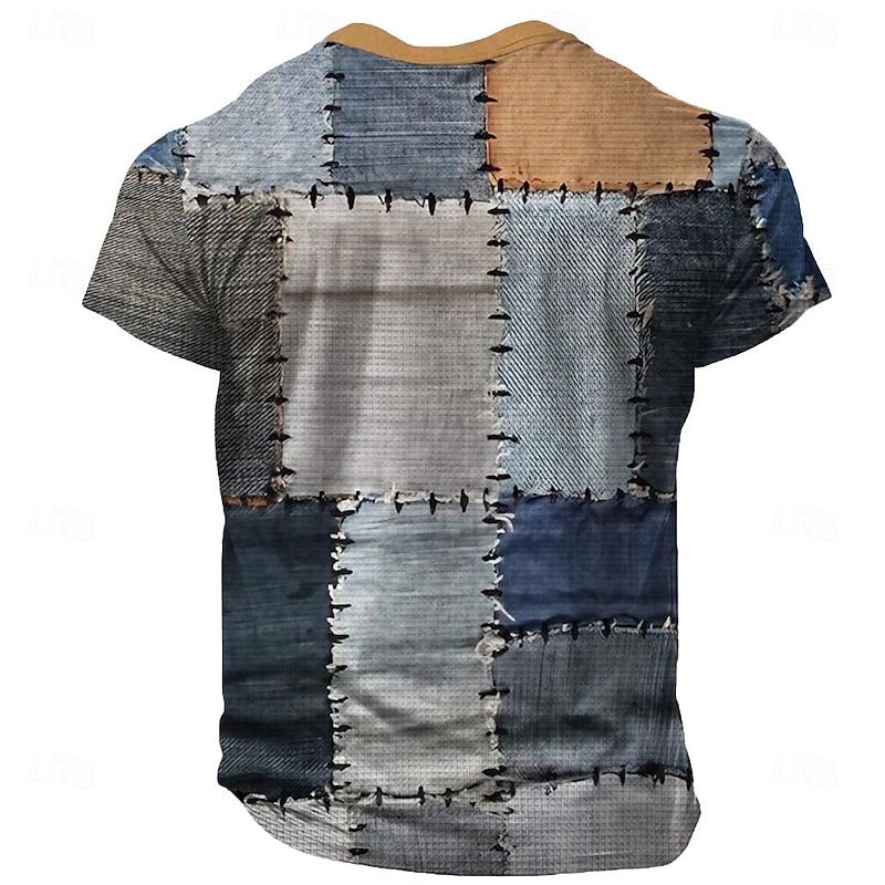 Plaid Faux Patchwork Pattern Men's Casual 3D Print T shirt Tee Henley Shirt Waffle T Shirt Sports Outdoor Casual Daily T shirt Light Blue Blue Sky Blue Short Sleeve Henley Shirt Spring & Summer2