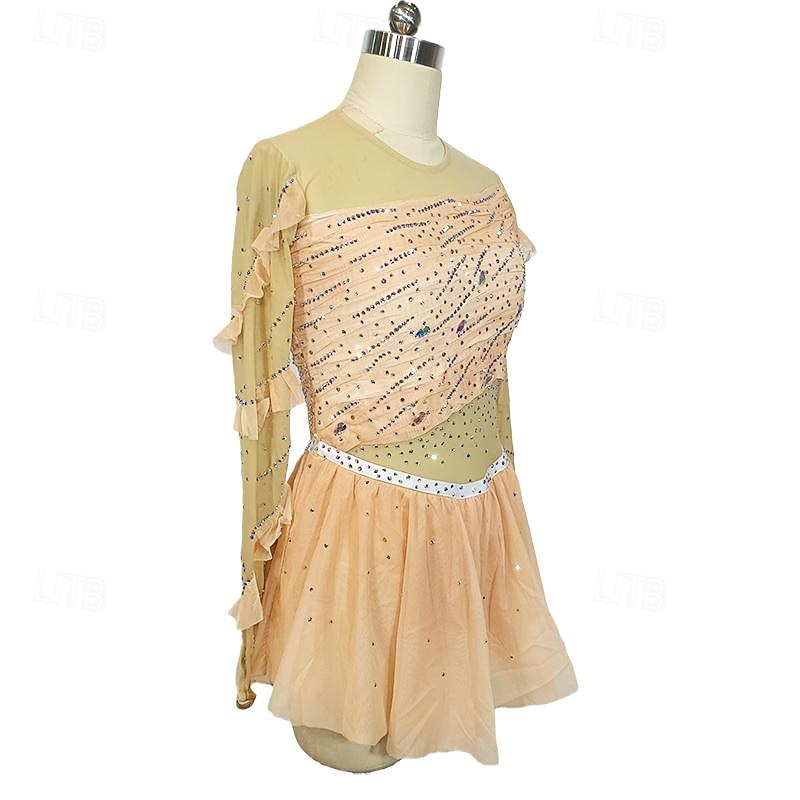 Figure Skating Dress Women's Girls' Ice Skating Dress Champagne Patchwork Thumbhole Mesh Spandex Stretchy Training Practice Professional Skating Wear Crystal / Rhinestone Long Sleeve Ice Skating3