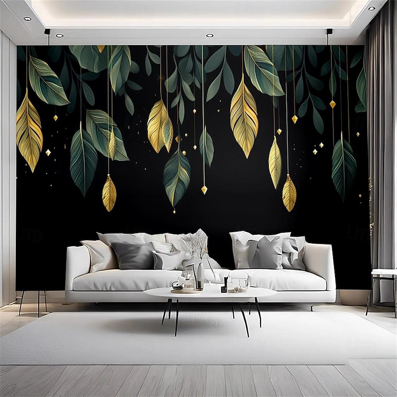 Cool Wallpapers Green Gold Plant Wallpaper Wall Mural Roll Sticker Peel and Stick Removable PVC/Vinyl Material Self Adhesive/Adhesive Required Wall Decor for Living Room Kitchen Bathroom