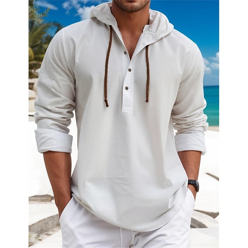 Men's Shirt Linen Shirt Calico Shirt Summer Shirt Beach Wear Plain Vacation Curise White Blue Brown Green Long Sleeve Hooded Spring & Summer Clothing Apparel2