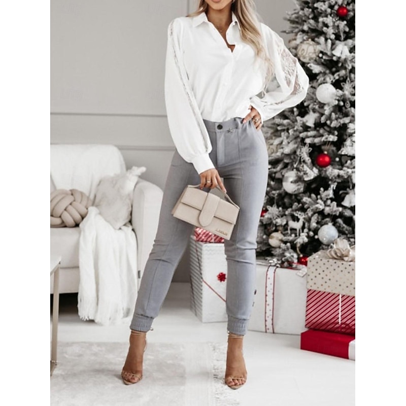 Shirt Lace Shirt Blouse Mesh Patchwork Top Women's Black White Green Solid Color Lace Button Street Daily Fashion Shirt Collar S2