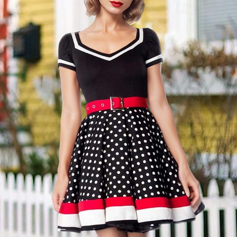 Plus Size Polka Dots Dresses Retro Vintage 1950s Grease Outfits Cocktail Dress Vintage Dress Fall Spring & Summer Christmas Flare Dress Women's Adults' Costume Vintage Cosplay