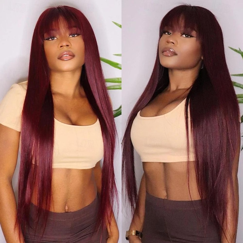 99J Wig Burg Red Bone Straight Human Hair Wig With Bangs For Women Brazilian Remy Hair Colored Halloween Cosplay Wigs