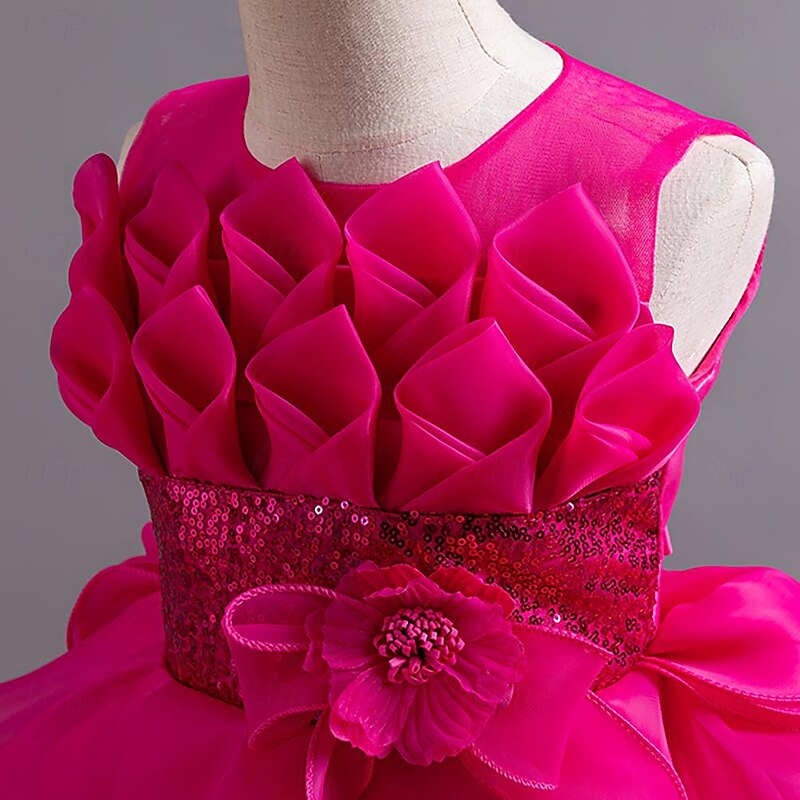 Kids Girls' Dress Party Dress Solid Color Sequin Flower Sleeveless Wedding Birthday Christening dress Princess Beautiful Mesh Flower Girl's Dress Summer Spring Fall 3-12 Years White Pink Red3