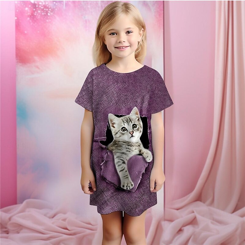 Girls' 3D Cat Pajamas Nightdress Short Sleeve 3D Print Summer Active Fashion Cute Kids 3-12 Years Crew Neck Home Causal Indoor Regular Fit